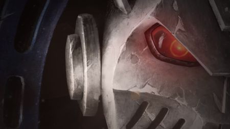 A closeup of a Space Marine Terminator's helmet, potentially from Space Hulk