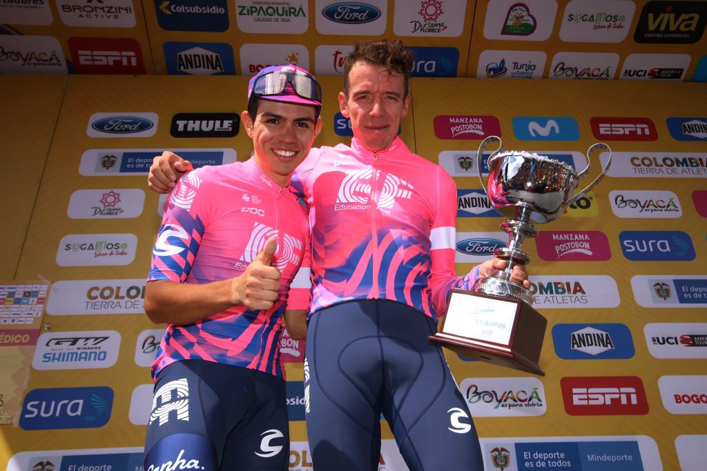 EL ONCE ALTO VERJN COLOMBIA FEBRUARY 16 Podium Sergio Andres Higuita Garcia of Colombia and Team EF Pro Cycling Rigoberto Urn of Colombia and Team EF Pro Cycling Celebration Trophy during the 3rd Tour of Colombia 2020 Stage 6 a 1826km stage from Zipaquir to El Once Alto Verjn 3290m TourColombiaUCI TourColombia2020 on February 16 2020 in El Once Alto Verjn Colombia Photo by Maximiliano BlancoGetty Images