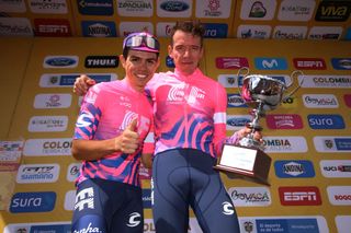 EL ONCE ALTO VERJN COLOMBIA FEBRUARY 16 Podium Sergio Andres Higuita Garcia of Colombia and Team EF Pro Cycling Rigoberto Urn of Colombia and Team EF Pro Cycling Celebration Trophy during the 3rd Tour of Colombia 2020 Stage 6 a 1826km stage from Zipaquir to El Once Alto Verjn 3290m TourColombiaUCI TourColombia2020 on February 16 2020 in El Once Alto Verjn Colombia Photo by Maximiliano BlancoGetty Images