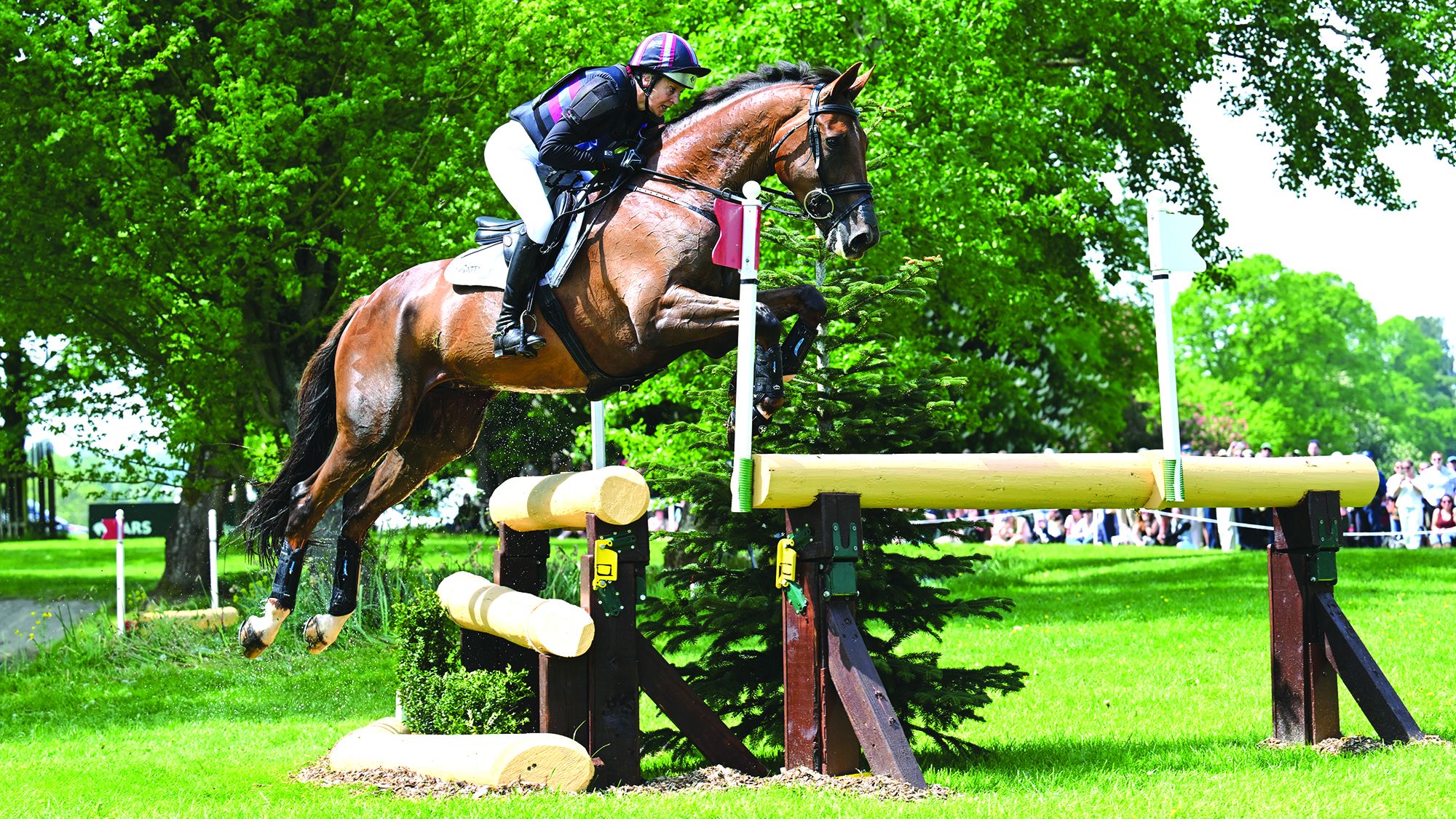 Sarah Bullimore, a rider with a purple and black top, rides chestnut horse Corimiro over an open corner fence at Badminton 2025