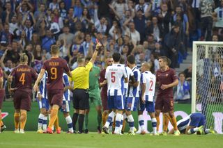 Roma's Thomas Vermaelen is sent off against Porto in a Champions League play-off in August 2016.