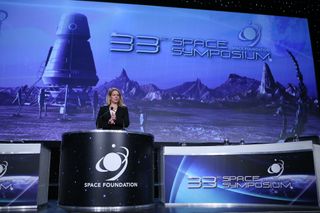 Gwynne Shotwell, president and chief operating officer of SpaceX, spoke at the 33rd annual Space Symposium on April 5, 2017. 