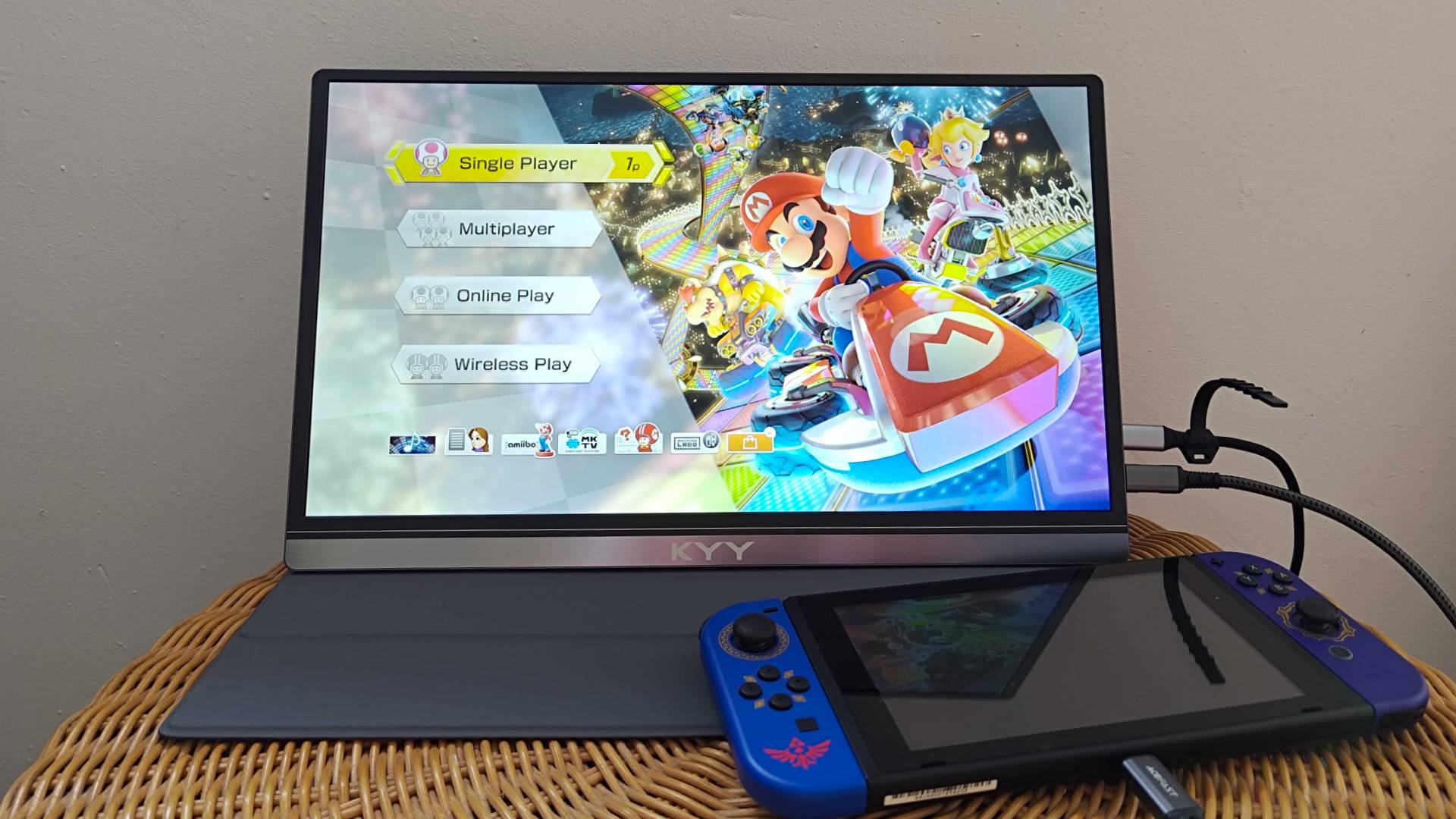 KYY Portable Monitor connected to Switch with Mario Kart 8 on screen.