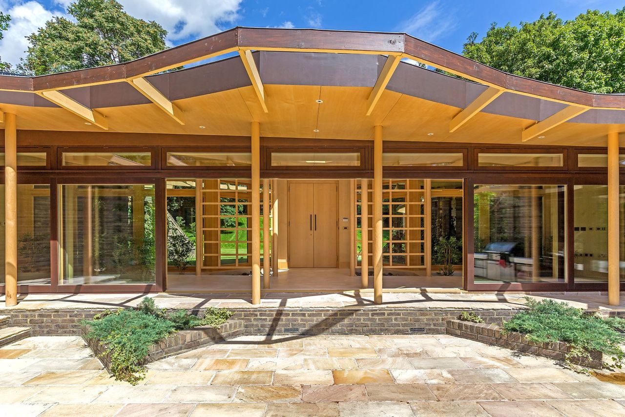 A view of the glass atrium from the outside