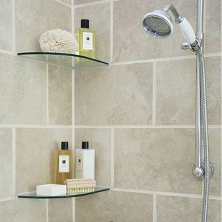 shower storage ideas with glass corner shelves