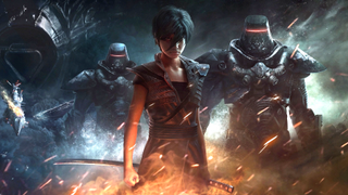 A young woman flanked by imposing armoured soldiers from Beyond Good and Evil 2.