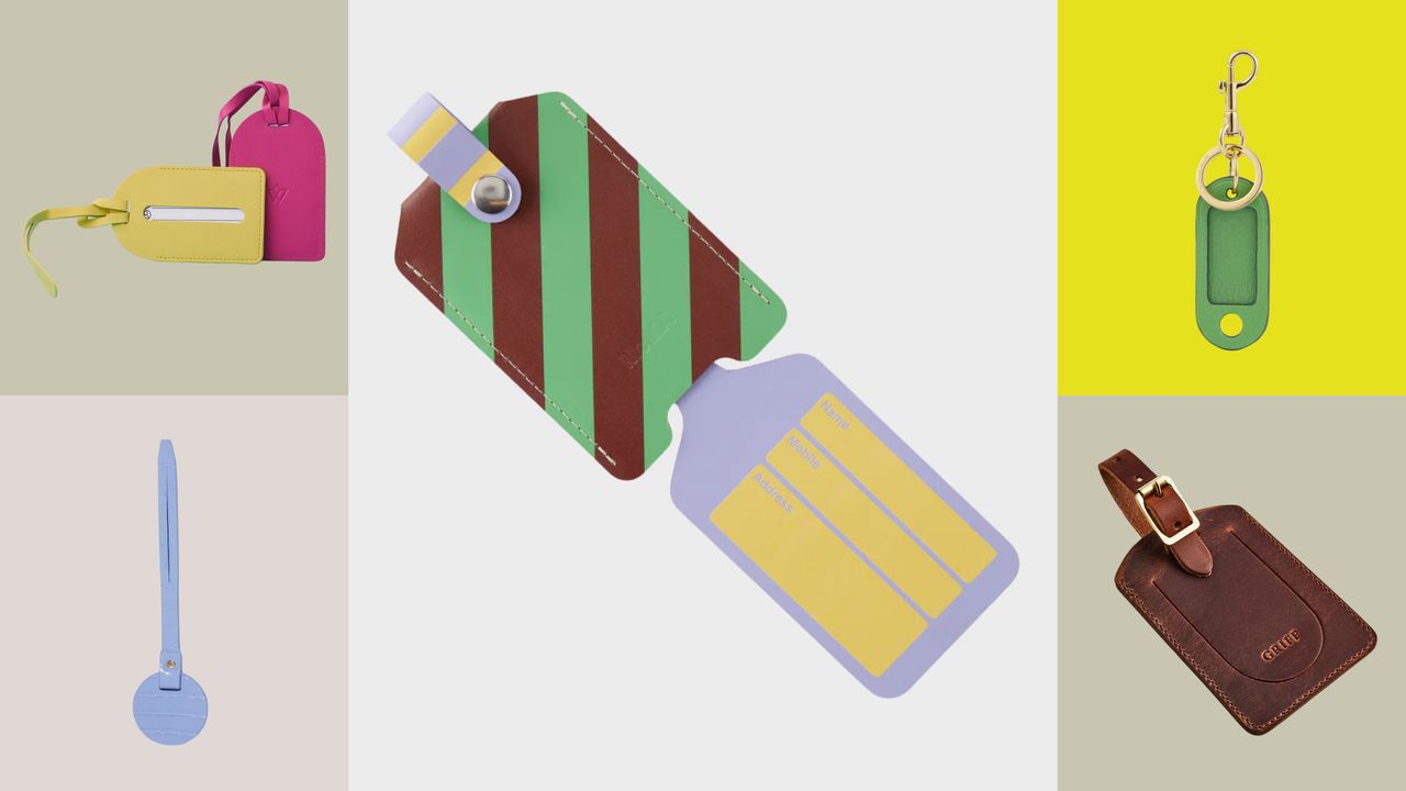 A series of strikingly colorful luggage tags.