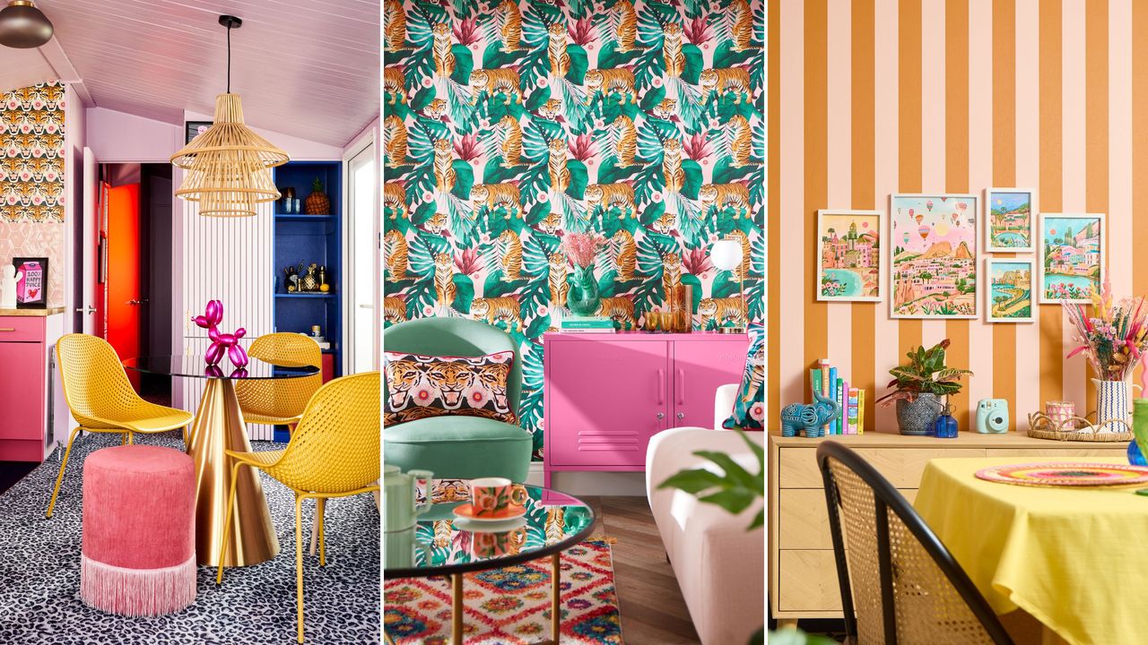 2000s interior design trends are so back. Here are three pictures of these - a dining area with a gold metallic table with yellow seats, a living area with tropical wallpaper and a bright pink console table, and a dining table with a yellow cloth and orange and peach striped wallpaper