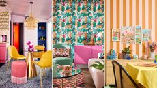 2000s interior design trends are so back. Here are three pictures of these - a dining area with a gold metallic table with yellow seats, a living area with tropical wallpaper and a bright pink console table, and a dining table with a yellow cloth and orange and peach striped wallpaper