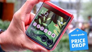 Razr Plus 2023 held in the hand showing outer screen.