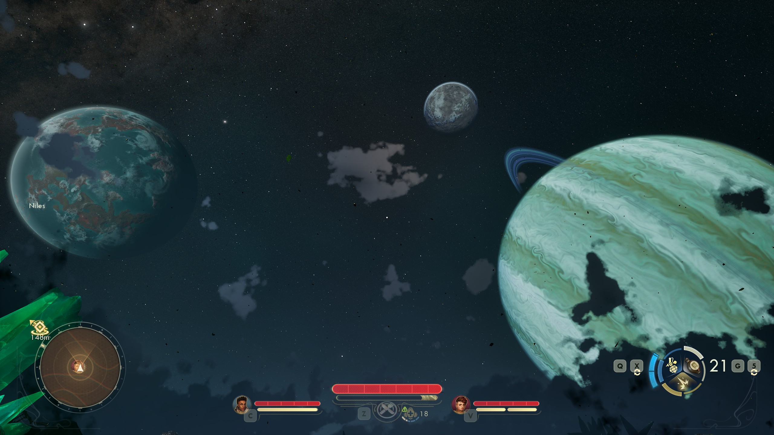 Outer Worlds 2 view of alien sky with three planets