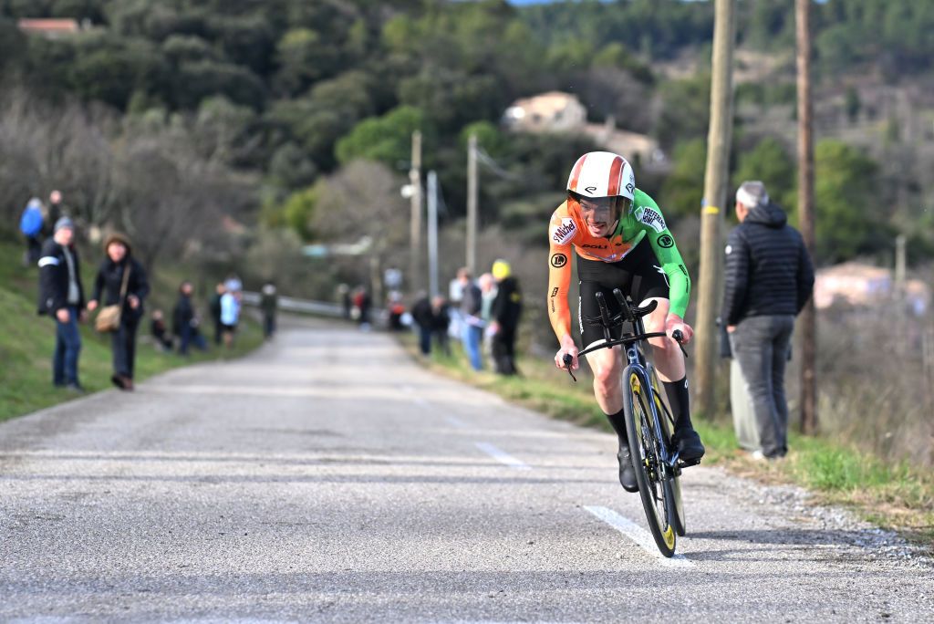 LHERMITAGE FRANCE FEBRUARY 09 Nicolas Breuillard of France and Team St Michel Preference Home Auber93 sprints during the 55th Etoile de Besseges Tour du Gard 2025 Stage 5 a 106km individual time trial stage from Ales to LHermitage on February 09 2025 in LHermitage France Photo by Billy CeustersGetty Images