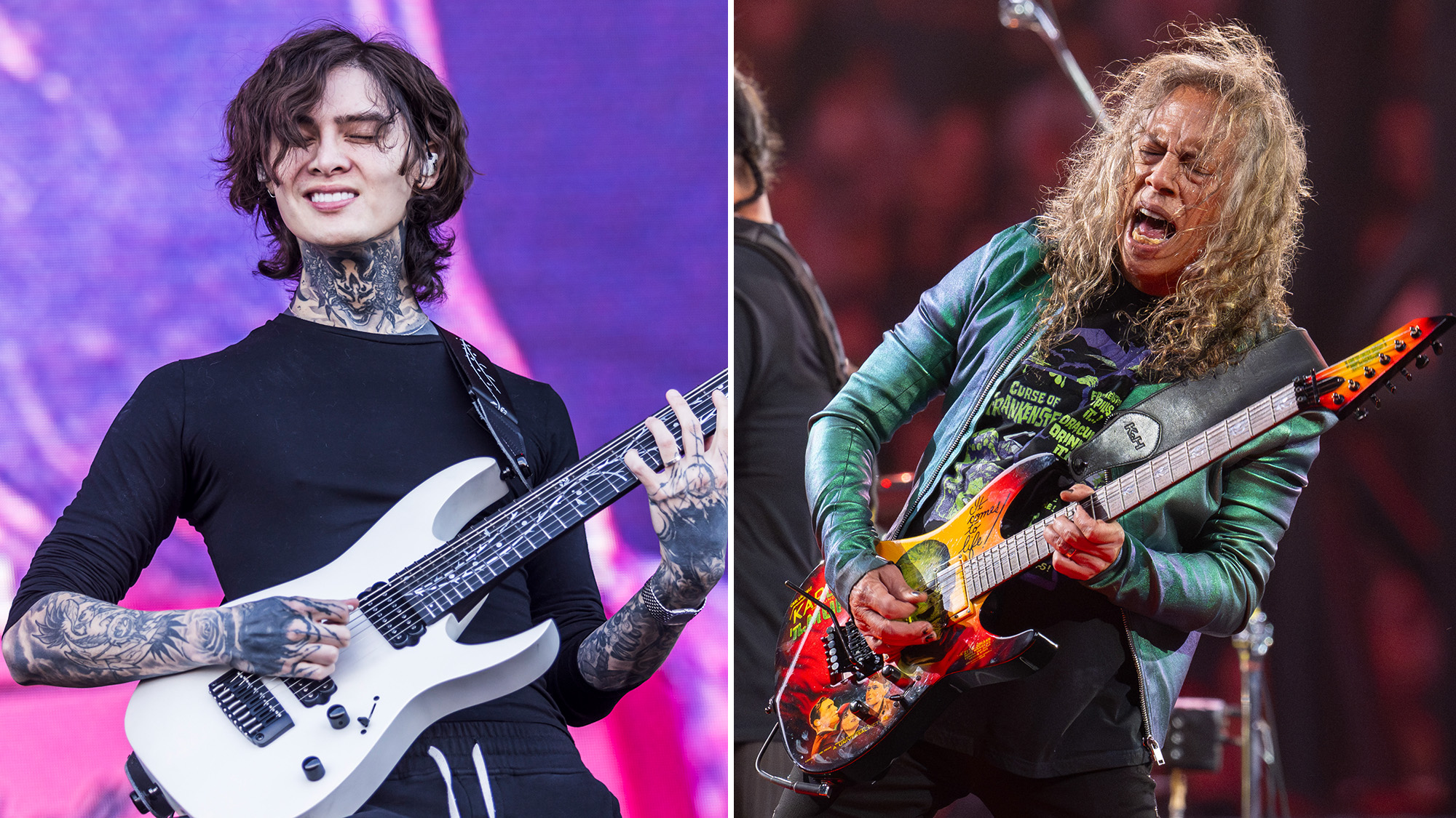 American guitarist Tim Henson of the band Polyphia performs live on stage at the annual Rock Am Ring festival at Nuerburgring on June 09, 2024 in Nuerburg, Germany / Kirk Hammett, Robert Trujillo and Lars Ulrich of Metallica perform at Levi's Stadium on June 20, 2025 in Santa Clara, California