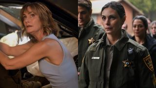 From left to right: Diane Farr looking up while helping during a car crash in Fire Country and Morena Baccarin in her sheriff uniform.