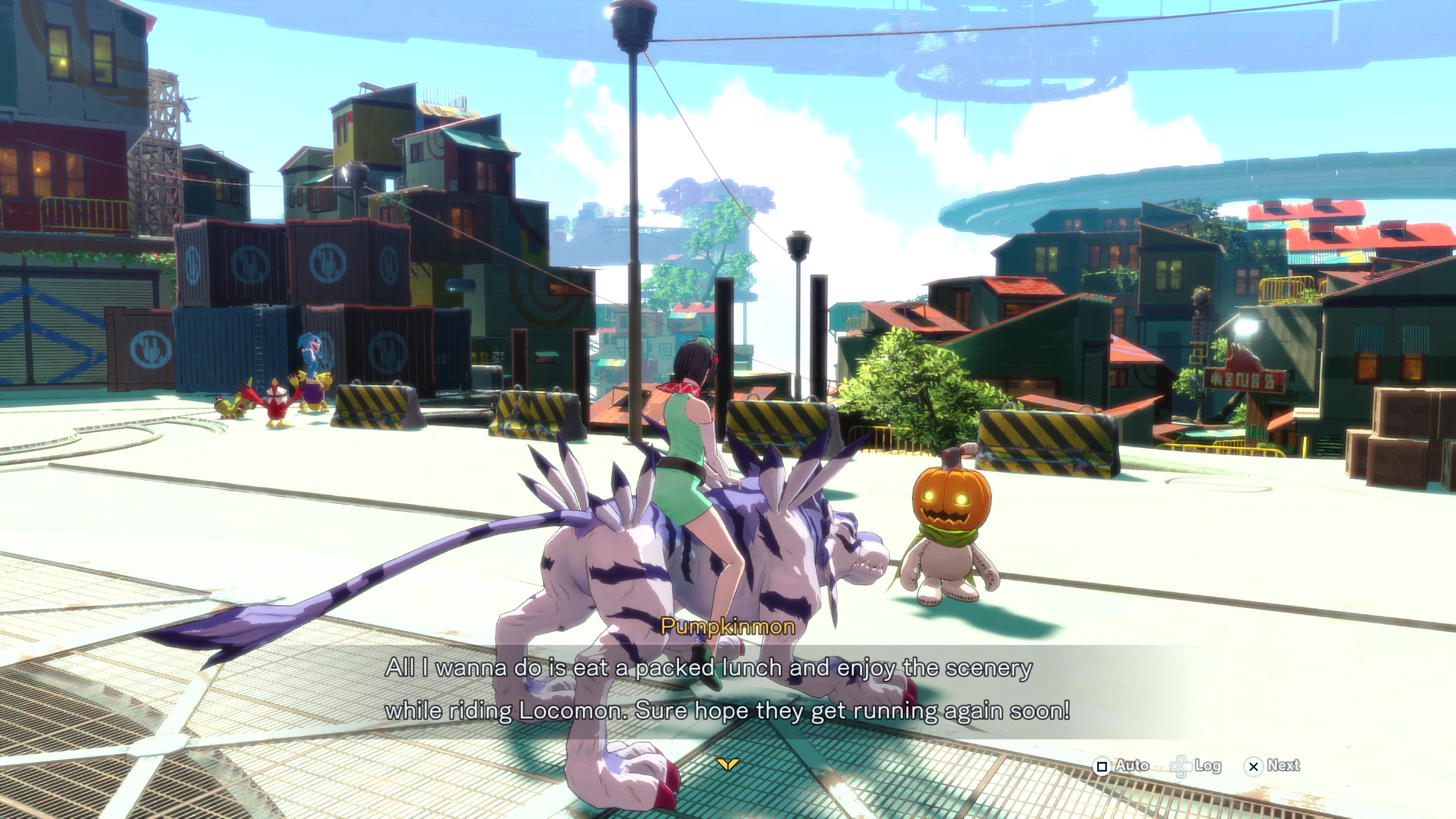 Talking to Pumpkinmon while riding Locomon through Central Town