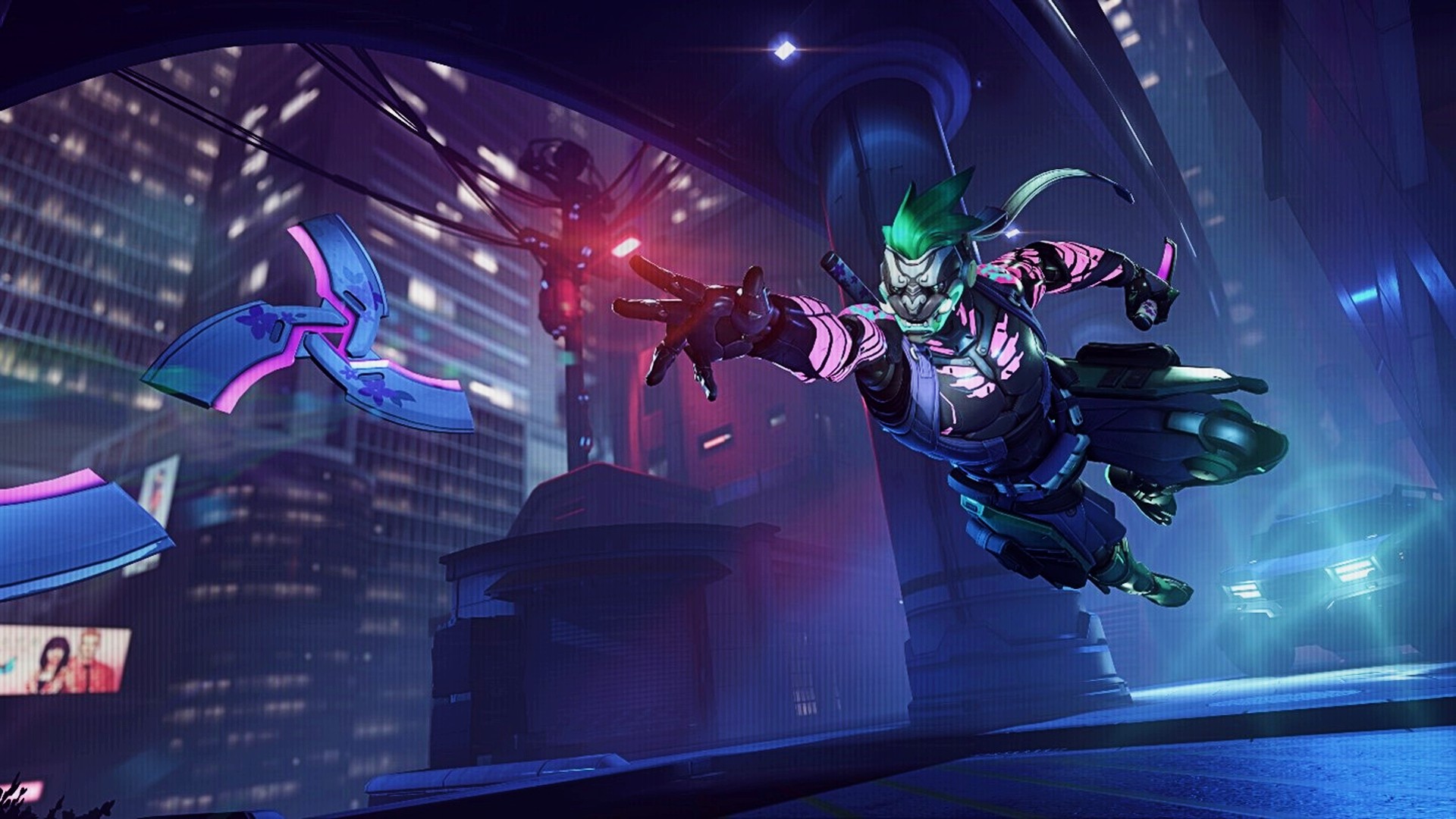 Genji shows off his mythic skin by throwing his suriken at the camera while in a cyberpunk city