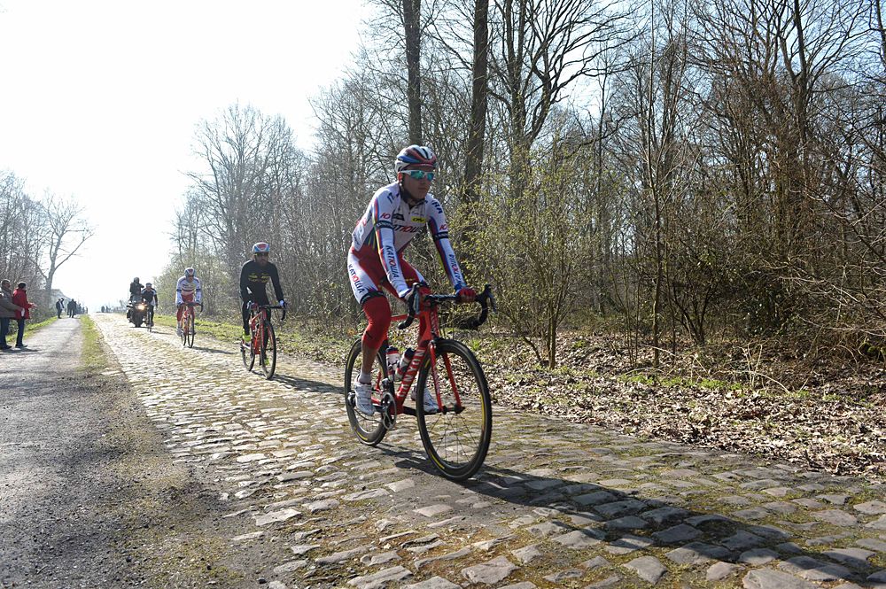 Alexander Kristoff (Katusha) rides the Arenberg Forest
