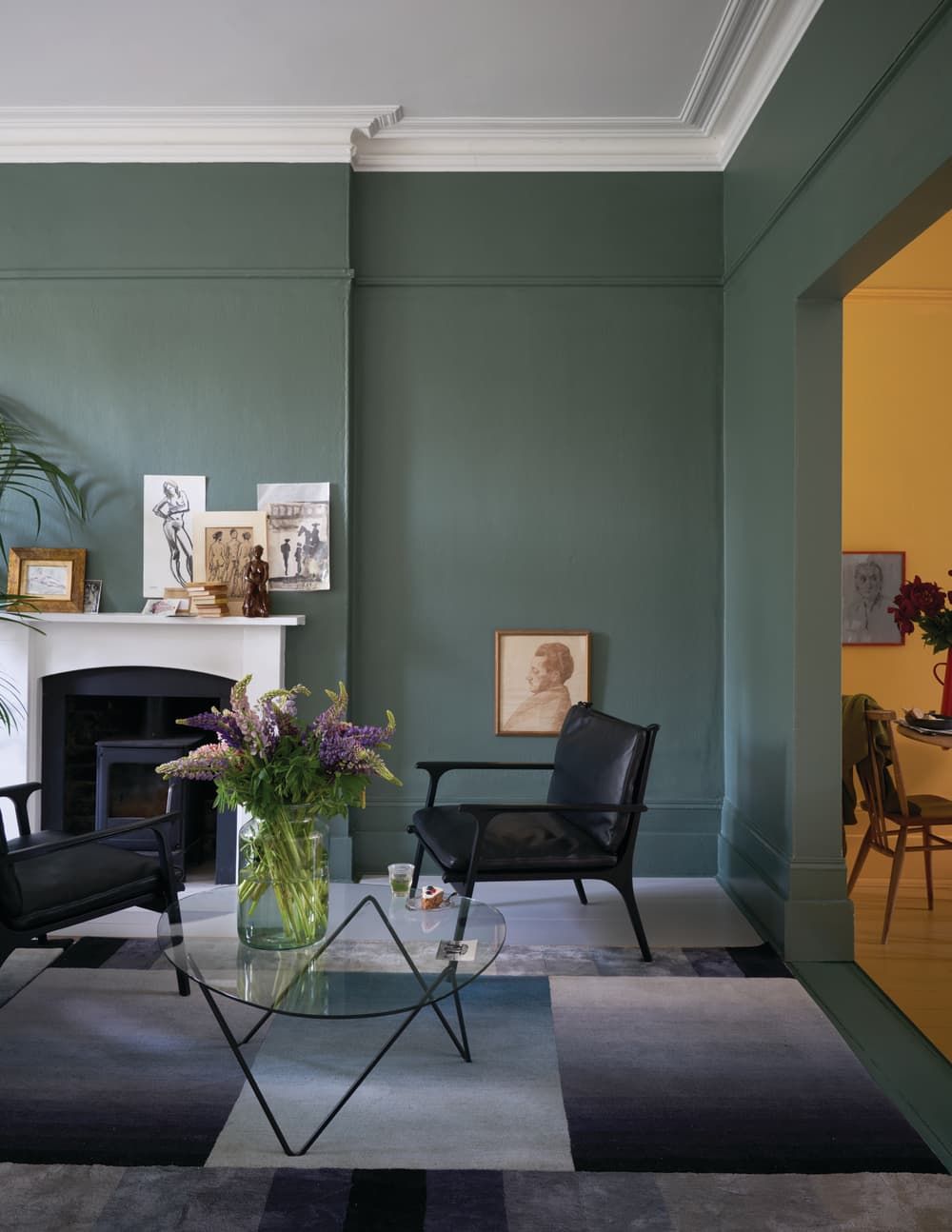 Farrow & Ball green and yellow living room