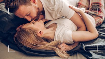 Man and woman kissing in bed with fairy lights in the background after learning how to make missionary sex better