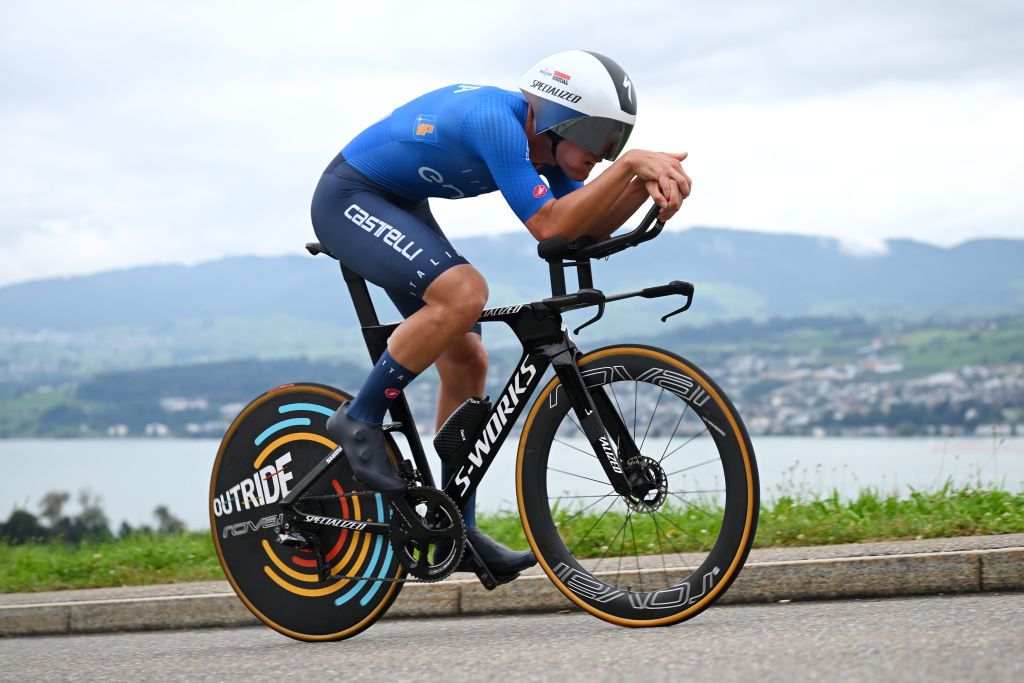 ZURICH SWITZERLAND SEPTEMBER 23 Noviero Andrea Raccagni of Team Italy sprints during the 97th UCI Cycling World Championships Zurich 2024 Mens U23 Individual Time Trial a 299km one day race from Zurich to Zurich on September 23 2024 in Zurich Switzerland Photo by Dario BelingheriGetty Images