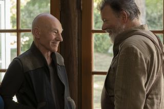 Pictured (l-r): Patrick Stewart as Picard; Jonathan Frakes as Riker of the the CBS All Access series STAR TREK: PICARD. Photo Cr: Trae Patton/CBS Â©2019 CBS Interactive, Inc. All Rights Reserved.