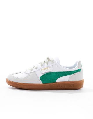 Puma Palermo Leather Sneakers in White With Green Detail