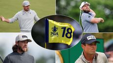 Bryson DeChambeau, Tyrrell Hatton, Tommy Fleetwood and Viktor Hovland with a yellow and blue PGA Championship 18th hole flag centered