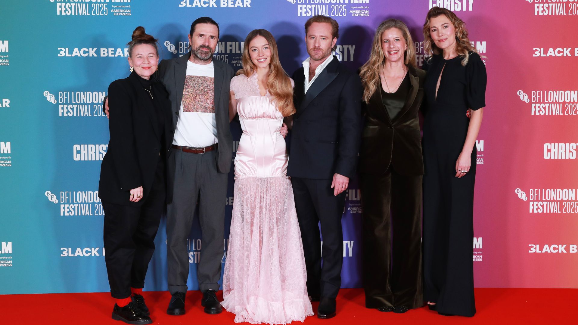 (L-R) BFI Festivals Director Kristy Matheson, David Michod, Sydney Sweeney, Ben Foster, Kerry Kohansky-Roberts and Mirrah Foulkes attend the Headline Gala screening of &quot;Christy&quot; during The 69th BFI London Film Festival at The Royal Festival Hall on October 17, 2025 in London