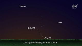 This NASA sky map shows the location of Comet NEOWISE in the evening sky for viewers in the Northern Hemisphere in July 2020.