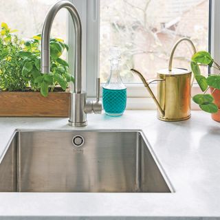 kitchen sink with gold watering can and plants in pots