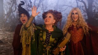 Kathy Najimy, Bette Midler, and Sarah Jessica Parker look excited to be in the woods in Hocus Pocus 2.