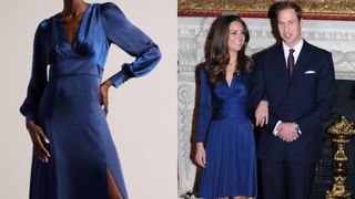 Kate Middleton's sapphire blue engagement dress dupe next to a picture of her wearing the original dress