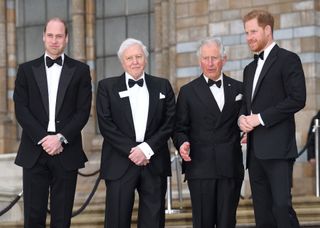 Prince William, Duke of Cambridge, Sir David Attenborough, Prince Charles, Prince of Wales and Prince Harry, Duke of Sussex attend the "Our Planet" global premiere at Natural History Museum on April 04, 2019 in London, England. (