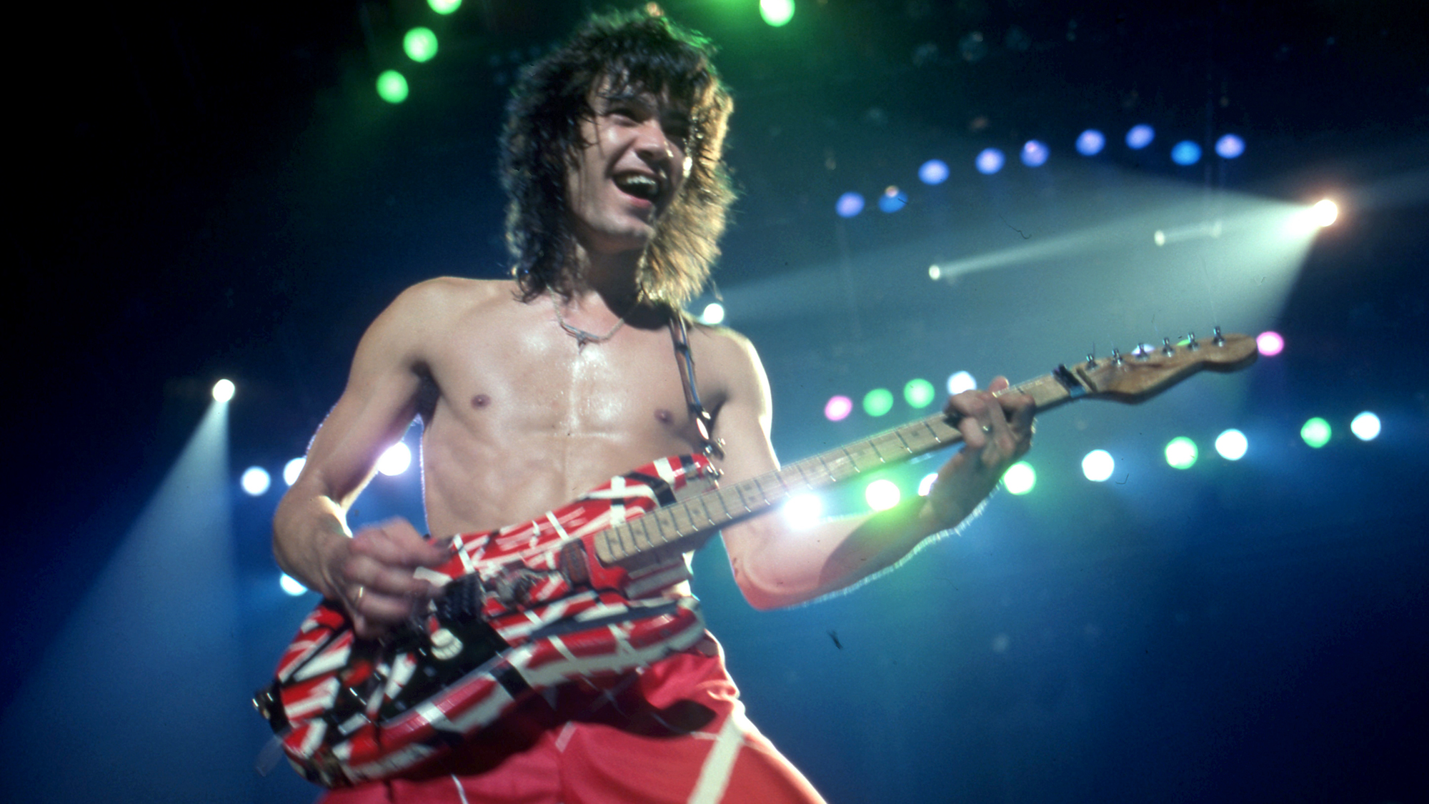 Eddie Van Halen, performs during Van Halen's band's "Fair Warning Tour" on July 3, 1981, at Cobo Arena in Detroit, Michigan.