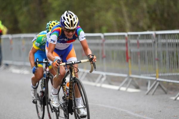World Cup leader, Olympic Champion, Marianne Vos (Rabo Women) leads an attack with Shelly Olds (AA Drink)