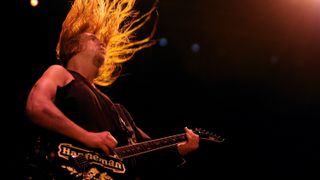 Jeff Hanneman of Slayer performs onstage during The Big 4 held at the Empire Polo Club on April 23, 2011 in Indio, California.