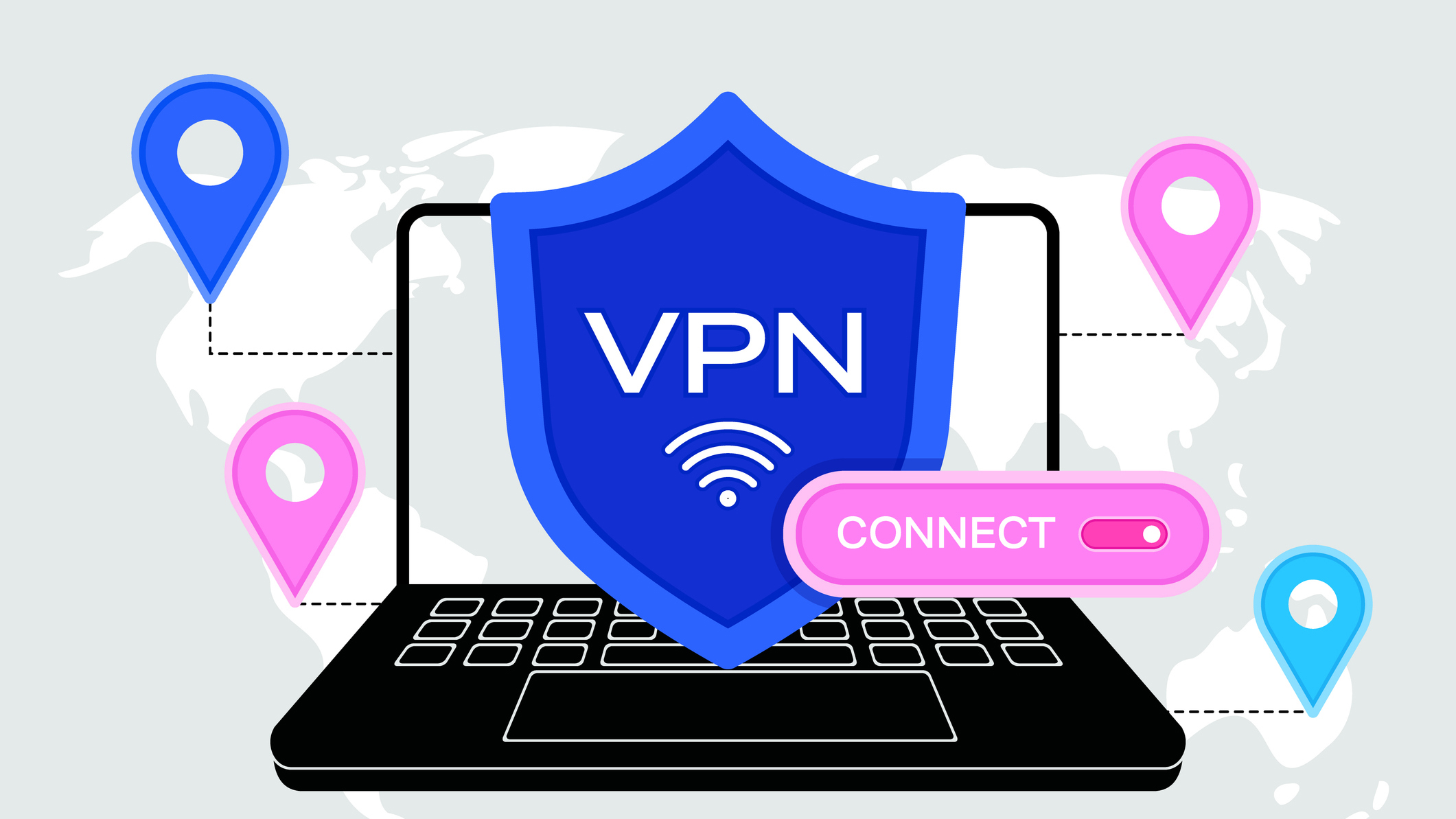 Computer with a VPN shield on a world map background