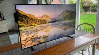 De Samsung QE55Q60B-tv in een woonkamer met een bergachtige achtergrond op het scherm