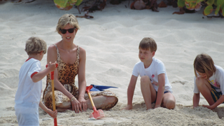 Diana, Princess of Wales (1961 - 1997) holidaying with her sons Prince William and Prince Harry and her sister's children on Necker Island in the British Virgin Islands, 11th April 1990