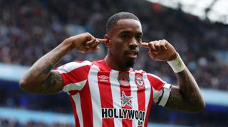 Brentford striker Ivan Toney celebrates by putting his fingers to his ears after scoring his team's winning goal in the Premier League match between Manchester City and Brentford on 12 November, 2022 at the Etihad Stadium, Manchester, United Kingdom