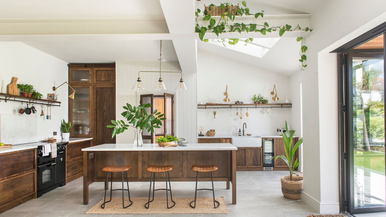 White kitchen with wooden cabinets