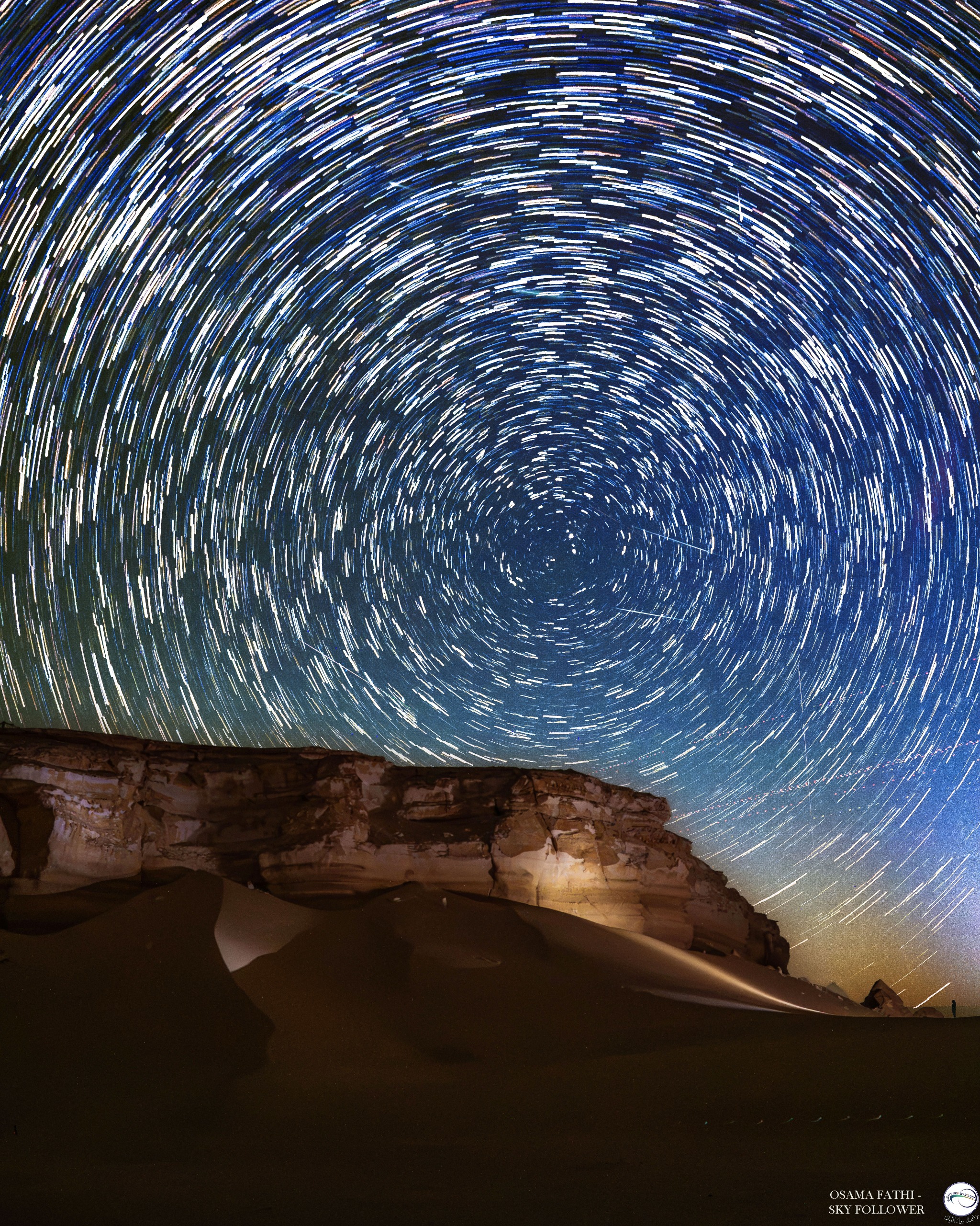 Star trails circle above a desert at night as meteors streak through the sky.