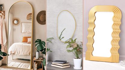 Gold mirrors - three different styles of gold mirror, in different style rooms