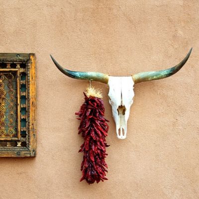 Old Adobe House, Animal Skull and Hanging Chili Peppers Ristra