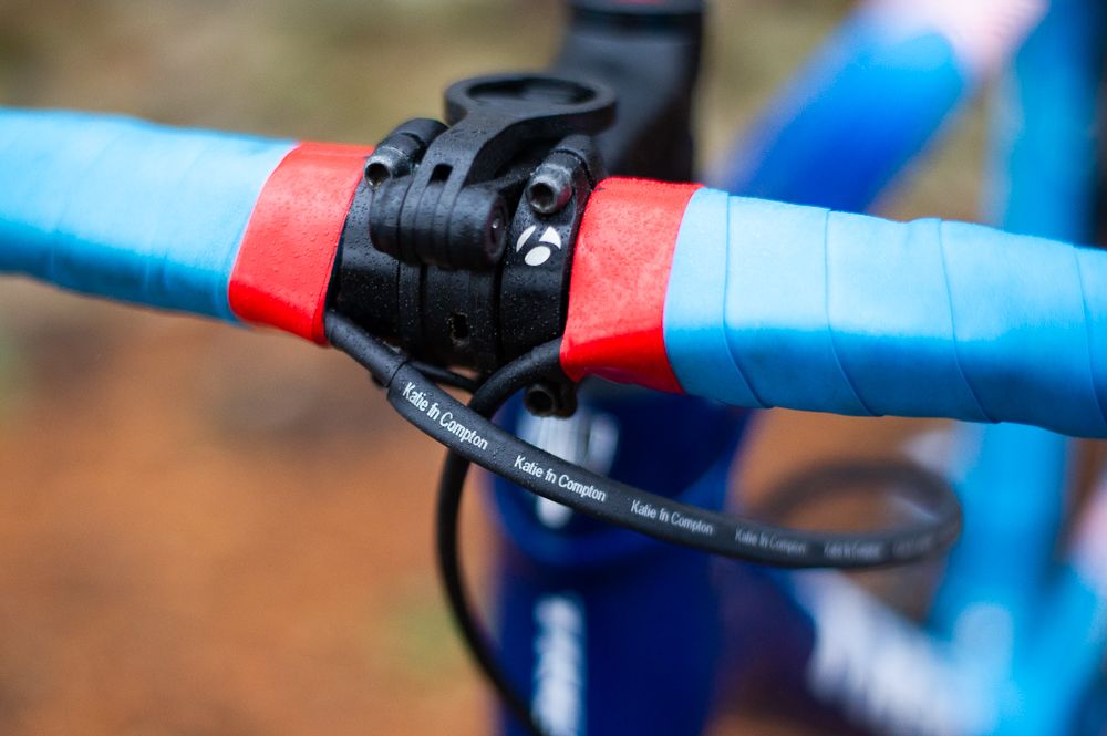 Bar tape all the way to the stem and custom housing on Katie Compton's Trek Boone