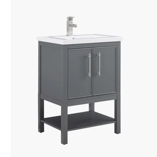 dark grey vanity unit with white ceramic top and basin, drawer at bottom