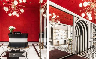 The image to the left shows a black & white desk with flowers on it, marble tiles also in black and white. The wall is painted red. The image to the right shows Black & white walls, with a huge mirror and red ceiling. We see a shelf with shoes on it in the mirror reflection.