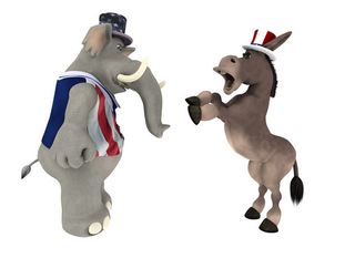GOP Republican Elephant arguing with a DNC Democrat Donkey. 