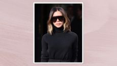 Victoria Beckham is seen wearing sunglasses and a black turtleneck jumper whilst leaving her hotel ahead of her Victoria Beckham show during the Womenswear Fall/Winter 2025/2026 as part of Paris Fashion Week on March 07, 2025 in Paris, France/ in a pastel purple template