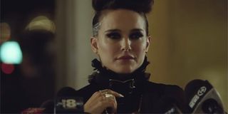 Natalie Portman as Celeste doing a press conference in Vox Lux